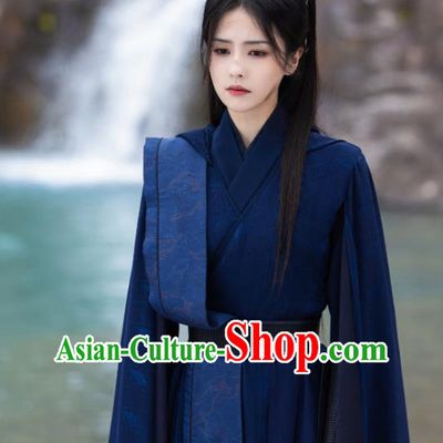 China Ancient Swordswoman Garment Costumes Xianxia Drama Till The End of The Moon Heroine Sang Jiu Dark Blue Outfit