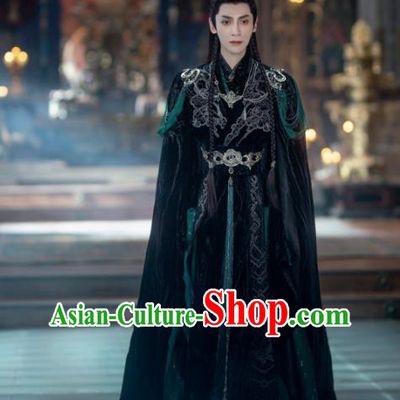 China Ancient Noble Childe Costumes Xianxia Drama Till The End of The Moon Demon Lord Tantai Jin Dark Green Garments