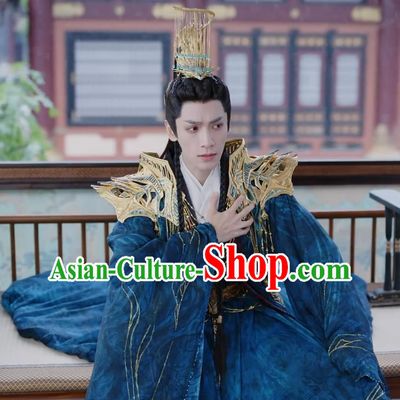 Till The End of The Moon King Tantai Jin Blue Costumes China Xianxia TV Series Ancient Demon Lord Clothing
