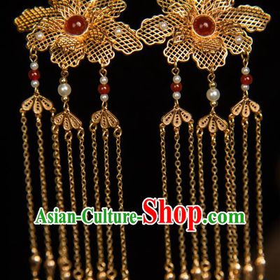 China Hanfu Hair Jewelries Ancient Empress Tassel Hairpins Handmade Tang Dynasty Golden Lotus Headpieces