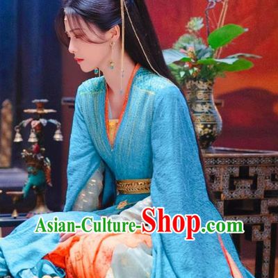 China Xianxia Drama Till The End of The Moon Princess Ye Xiwu Replica Clothing Ancient Goddess Blue Dresses