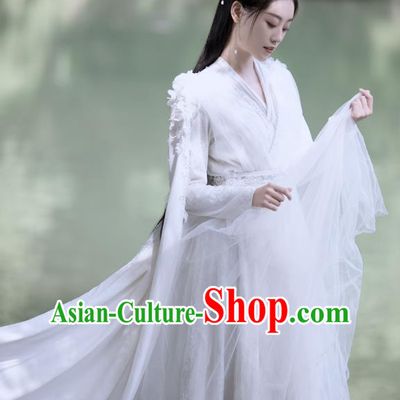 China Ancient Fairy Costumes Romantic TV Series Miss The Dragon Goddess Liu Ying White Dress Hanfu Clothing