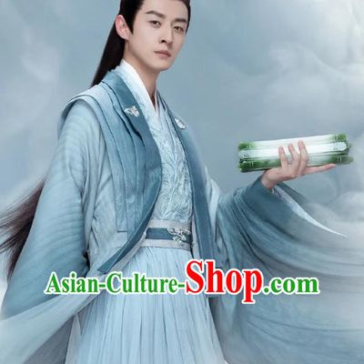 China Ancient Scholar Blue Costumes Romance Drama The Journey of Chong Zi Superhero Yu Du Clothing