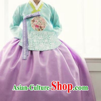 Traditional Couple Costumes Korean Ancient Bride Clothing Handmade Court Hanbok Green Top and Lilac Dress Complete Set