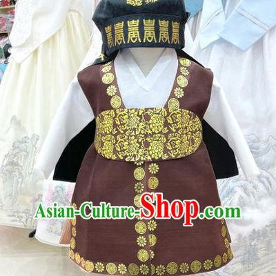 Korean Traditional Boy Costumes Handmade Children Hanbok Birthday Anniversary Outfit Brown Shirt and Pants Complete Set