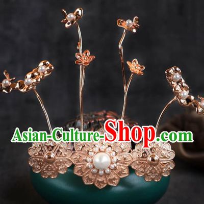 China Ancient Empress Golden Hair Crown Tang Dynasty Court Woman Pearl Lotus Leaf Hair Jewelry Handmade Hanfu Headpiece