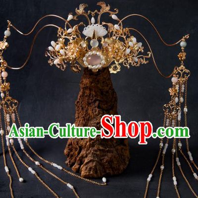China Handmade Hanfu Headpieces Ancient Fairy Tassel Hairpins and Crown Tang Dynasty Court Woman Hair Jewelries