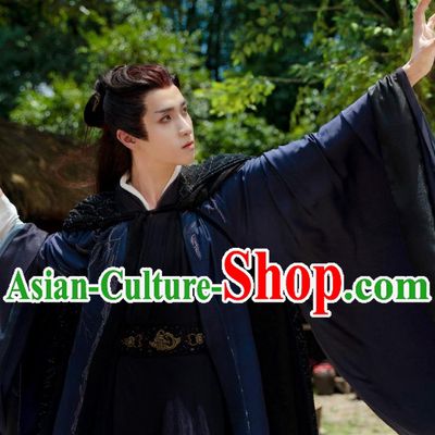 China Ancient Swordsman Dark Blue Costumes Drama Chong Zi Demon King Tian Zhi Xie Clothing
