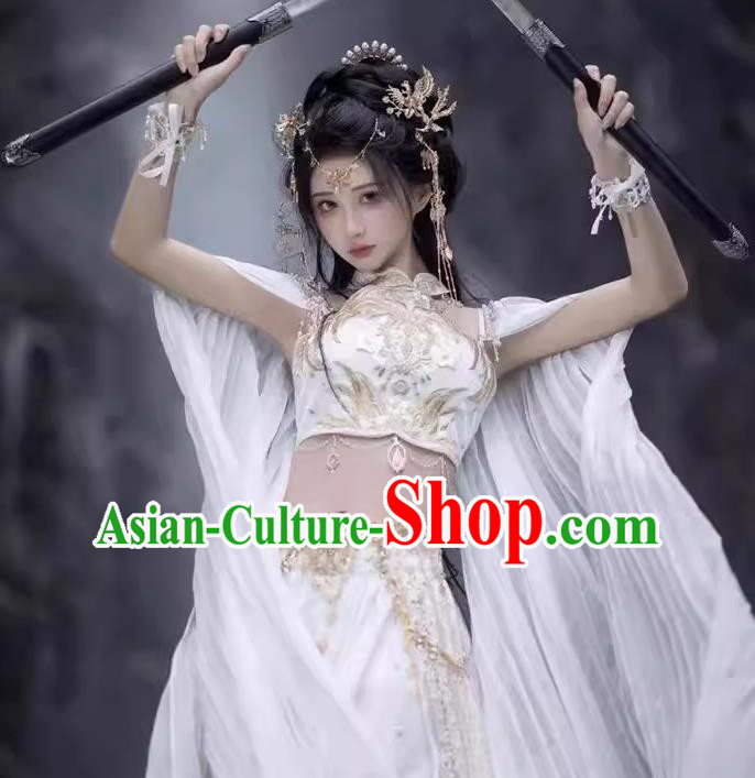 Chinese Dunhuang Flying Apsaras Costumes Western Region Goddess Clothing Ancient Female Warrior White Dresses Chinese Dunhuang Flying Apsaras Costumes Western Region Goddess Clothing Ancient Female Warrior White Dresses