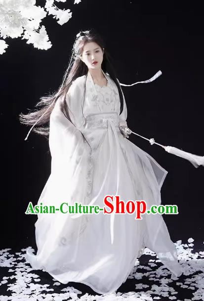 China Ancient Swordswoman Xiao Long Nv Clothing Traditional White Hanfu Dress Dragon Princess Costumes China Ancient Swordswoman Xiao Long Nv Clothing Traditional White Hanfu Dress Dragon Princess Costumes