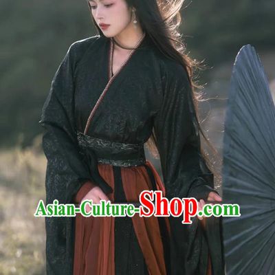 China Warring States Period Heroine Costume Ancient Swordswoman Clothing Traditional Black Hanfu Dress