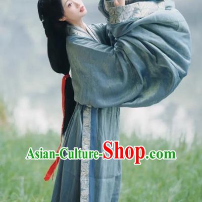 China Ancient Palace Beauty Clothing Traditional Hanfu Blue Robe Warring States Period Princess Costume