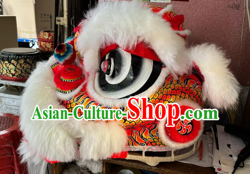 Handmade Lion Dance Head Traditional Chinese Dancing Lion Costume White Wool Fut San Lion Dancing Instruments Complete Set