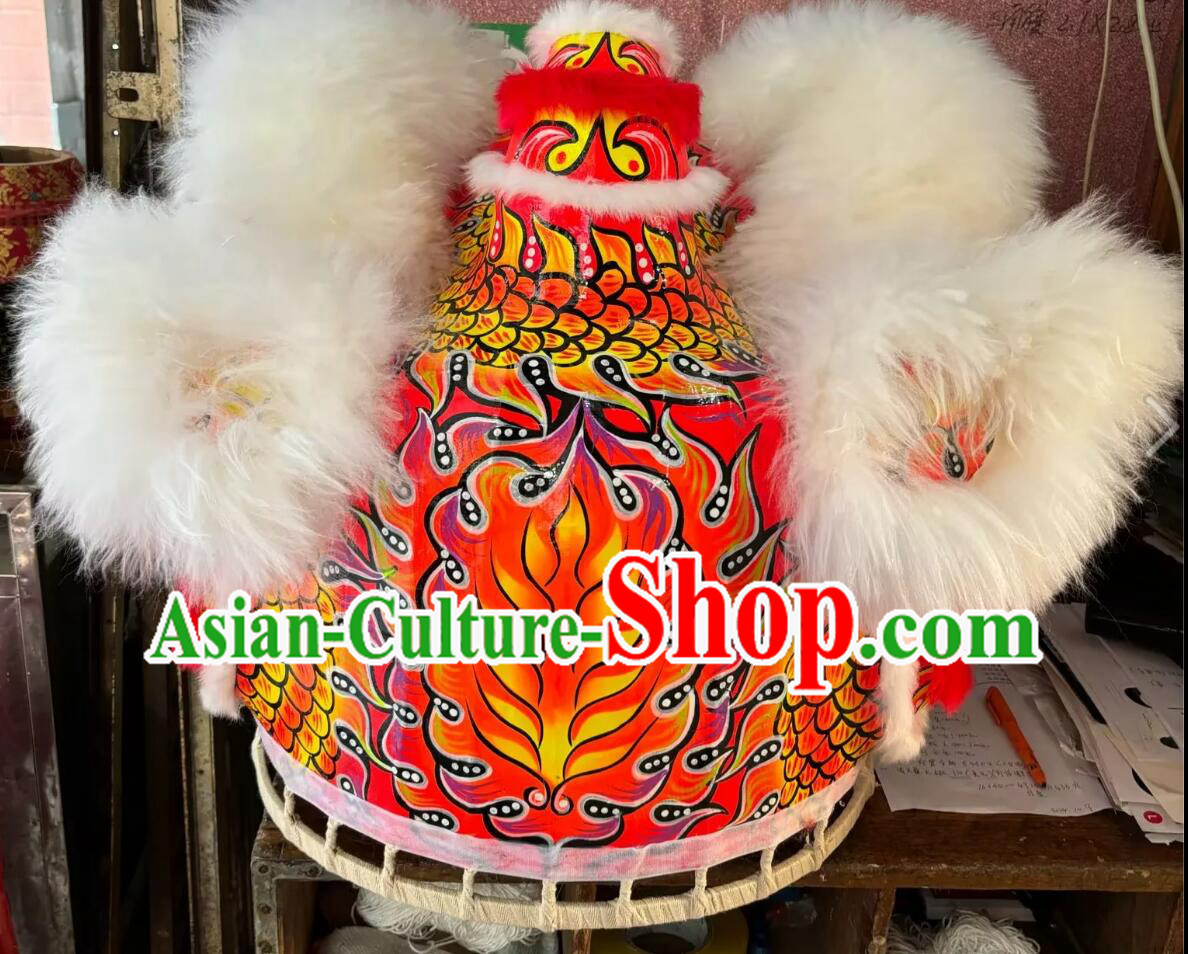 Handmade Lion Dance Head Traditional Chinese Dancing Lion Costume White Wool Fut San Lion Dancing Instruments Complete Set