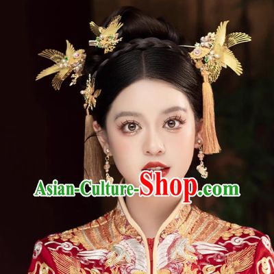 Top Bride Golden Hairpins Traditional China Wedding Hair Accessories Handmade Cheongsam Headpieces Complete Set