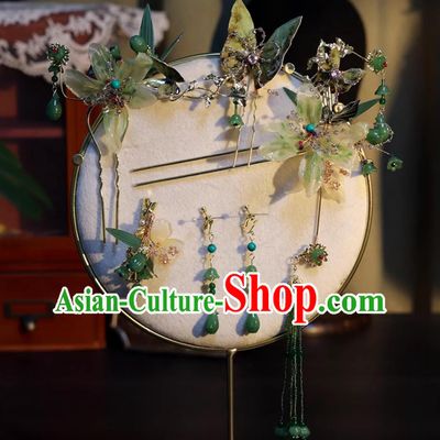 Handmade Cheongsam Headpieces Bride Green Jade Hairpins Traditional China Wedding Hair Accessories Complete Set