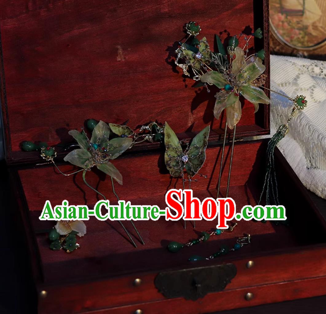 Handmade Cheongsam Headpieces Bride Green Jade Hairpins Traditional China Wedding Hair Accessories Complete Set Handmade Cheongsam Headpieces Bride Green Jade Hairpins Traditional China Wedding Hair Accessories Complete Set