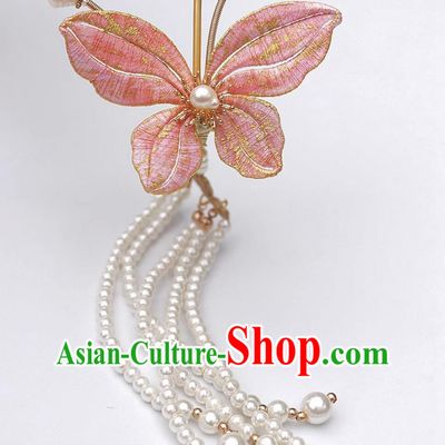 Handmade Pink Butterfly Tassel Hairpin China Cheongsam Hair Jewelry Traditional Hanfu Headpiece