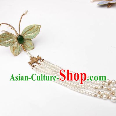 Traditional Hanfu Pearls Headpiece Handmade Green Butterfly Tassel Hairpin China Cheongsam Hair Jewelry