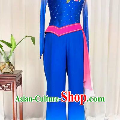 China Folk Dance Blue Outfit Chinese Woman Group Dance Costume Traditional Yangko Dance Fan Dance Clothing