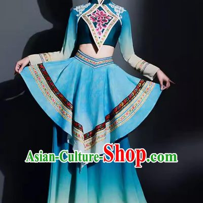 Traditional Yangge Fan Dance Women Group Dance Clothing China Yangko Dance Blue Outfit Chinese Folk Dance Costume