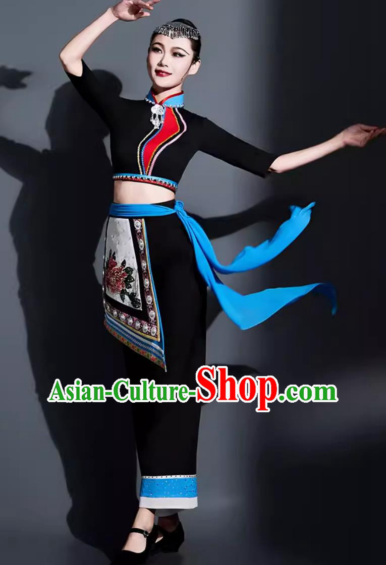 China Yangko Dance Black Outfit Chinese She Ethnic Dance Costume Traditional Fan Dance Women Group Dance Clothing China Yangko Dance Black Outfit Chinese She Ethnic Dance Costume Traditional Fan Dance Women Group Dance Clothing