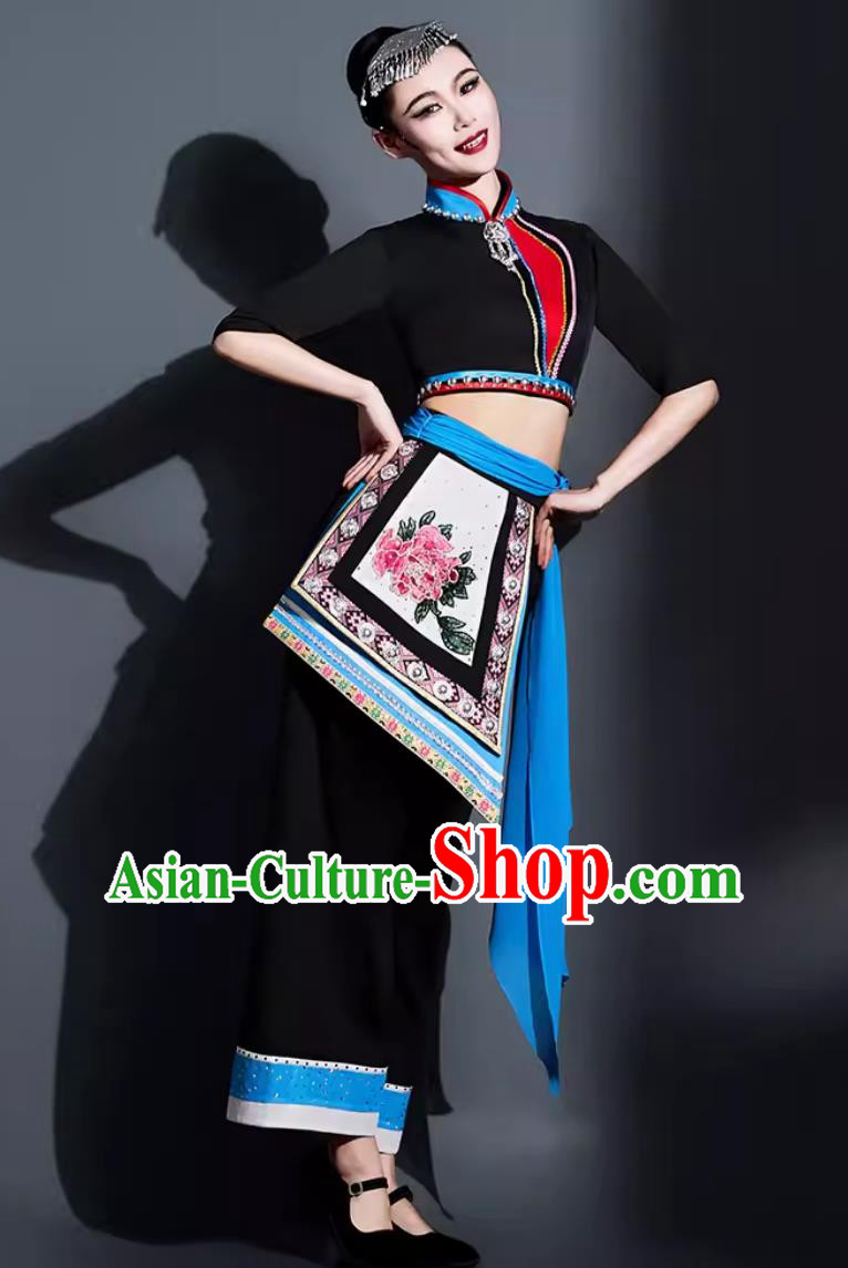 China Yangko Dance Black Outfit Chinese She Ethnic Dance Costume Traditional Fan Dance Women Group Dance Clothing China Yangko Dance Black Outfit Chinese She Ethnic Dance Costume Traditional Fan Dance Women Group Dance Clothing