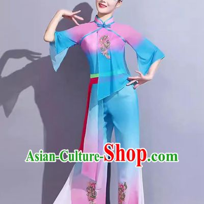 Chinese Yangko Dance Costume Traditional Women Group Dance Clothing China Folk Dance Blue Outfit