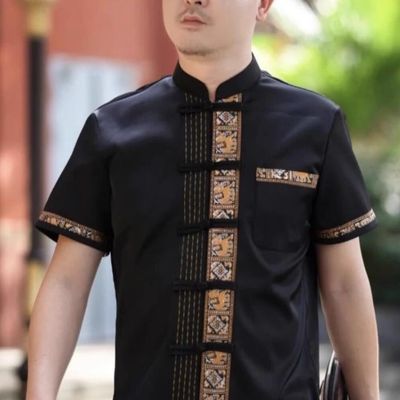 Traditional Thailand Male Clothing Southeast Asian Thai Costume Dai Nationality Black Shirt
