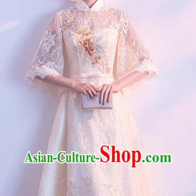 China Embroidered Lace Qipao Dress Modern Light Champagne Cheongsam Traditional Chinese Clothing