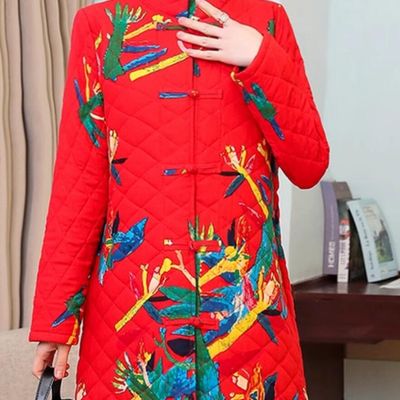 China Tang Suit Plated Buttons Upper Outer Garment National Red Long Coat Traditional Chinese Winter Costume