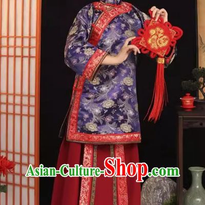 Traditional Chinese Village Woman Purple Dress Ancient China Woman Matchmaker Costume Late Qing Dynasty Clothing
