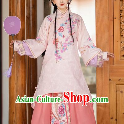 Traditional Chinese Late Qing Dynasty Clothing Young Lady Pink Dress Ancient China Noble Daughter Costume