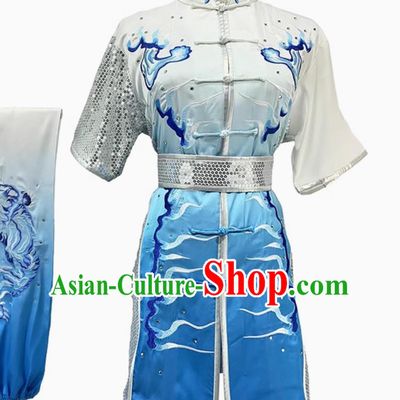 Chinese Wushu Tournament Light Blue Outfit Embroidered Tiger Changquan Competition Clothing Traditional Kung Fu Costume Martial Arts Taolu Uniform