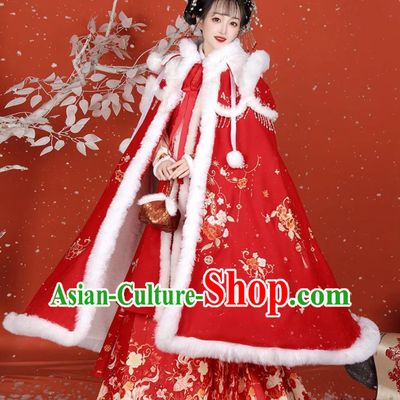 Chinese Ming Dynasty Princess Red Cloak Ancient China Noble Lady Costume Traditional Winter Hanfu Cape Embroidered Clothing