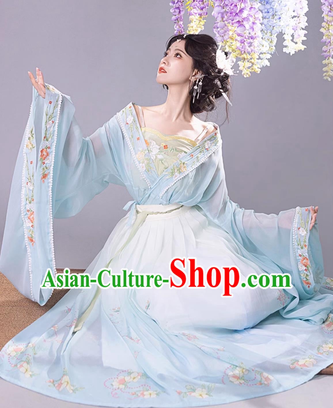 Chinese Traditional Blue Hanfu Dress Jin Dynasty Princess Embroidered Clothing Ancient China Fairy Costume Chinese Traditional Blue Hanfu Dress Jin Dynasty Princess Embroidered Clothing Ancient China Fairy Costume