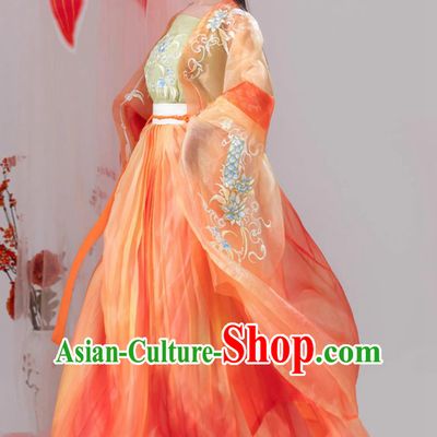 Chinese Tang Dynasty Princess Embroidered Clothing Ancient China Fairy Costume Traditional Orange Hanfu Dress