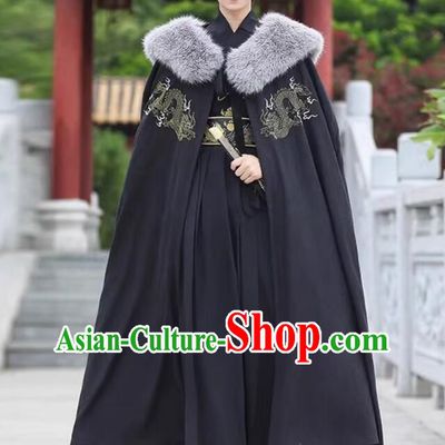 Traditional Chinese Hanfu Mantle Ancient Swordsman Costume Handmade Embroidered Black Woolen Long Cloak