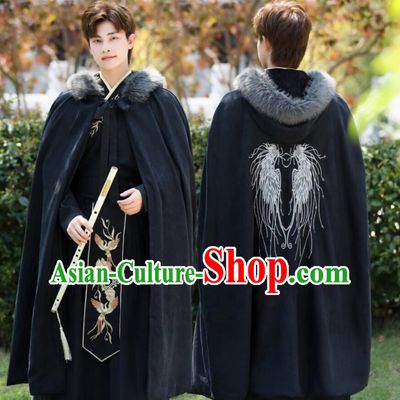 Handmade China Embroidered Black Woolen Long Cloak Traditional Chinese Hanfu Mantle Ancient Swordsman Costume