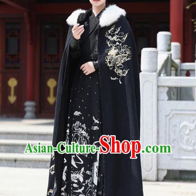 Handmade Embroidered Kylin Black Woolen Long Cloak Traditional Chinese Hanfu Mantle China Ancient Swordsman Costume