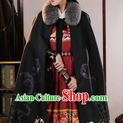 Traditional Chinese Hanfu Cape Ancient Swordsman Costume Handmade China Embroidered Fire Kylin Black Woolen Long Cloak