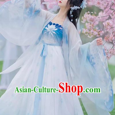 Ancient China Flower Fairy Costume Chinese Traditional Blue Hanfu Dress Tang Dynasty Princess Embroidered Clothing