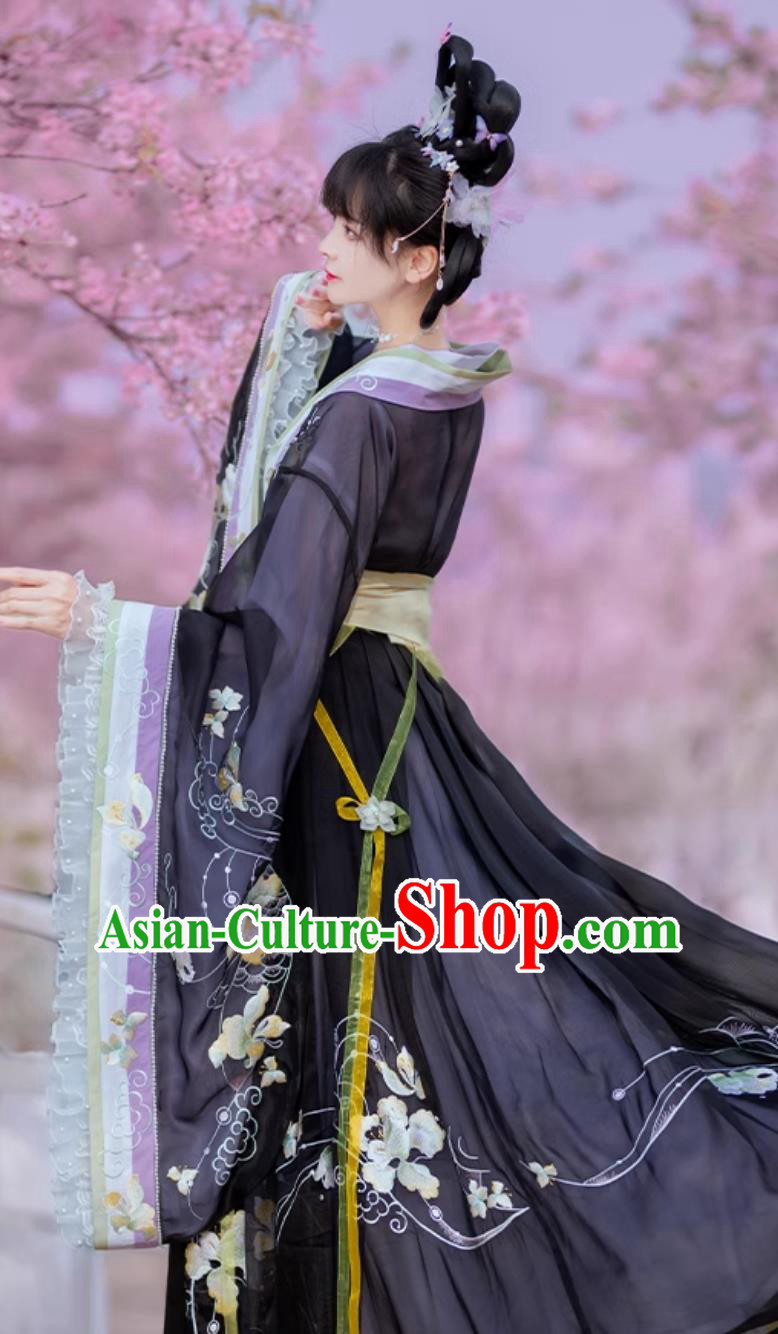 Jin Dynasty Princess Embroidered Clothing Traditional Chinese Black Hanfu Dress Ancient China Flower Fairy Costume Jin Dynasty Princess Embroidered Clothing Traditional Chinese Black Hanfu Dress Ancient China Flower Fairy Costume