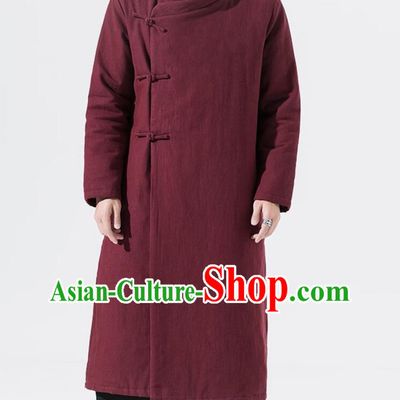 Chinese Traditional National Costume Winter Wine Red Greatcoat Tang Suit Cotton Padded Coat