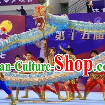 Handmade Blue and Golden Dragon Dance Equipment Traditional Net Dragon Dancing Props Chinese New Year Parade Dragon Dance Costume