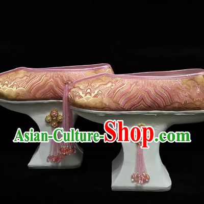Ancient Chinese Empress Pink Shoes Ruyi Royal Love in the Palace Handmade Traditional Qing Dynasty Palace Woman Platform Shoes