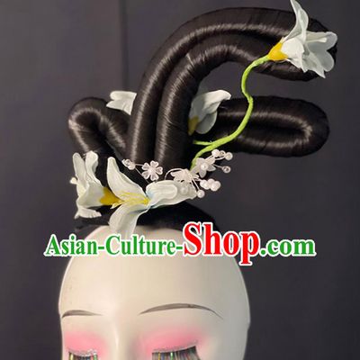Handmade Hanfu Dance Wig Chignon Zui Qing Bo Tang Dance Hair Jewelries Chinese Classical Dance White Headpieces