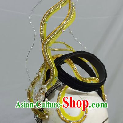 Chinese Classical Dance Yellow Headpiece Handmade Opening Dance Hair Jewelry Women Group Dance Headgear