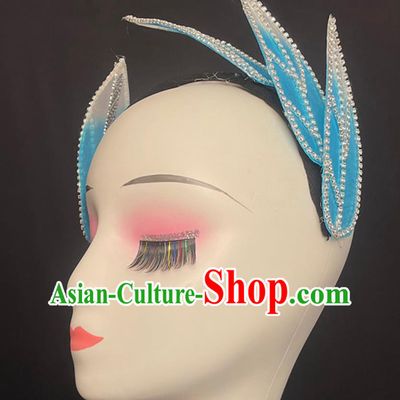 Chinese Modern Dance Hair Jewelry Handmade Spring Festival Gala Opening Dance Headpiece Women Group Dance Blue Leaf Headwear