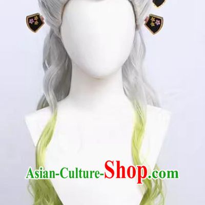 Fallen Princess Cos Wig Demon Slayer Kimetsu No Yaiba Silver Gradient Green Tiger Mouth Ponytail Curly Hairpin
